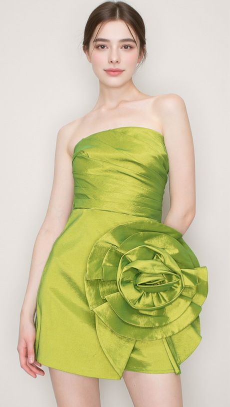 SATIN STRAPLESS 3D FLORAS MINI DRESS