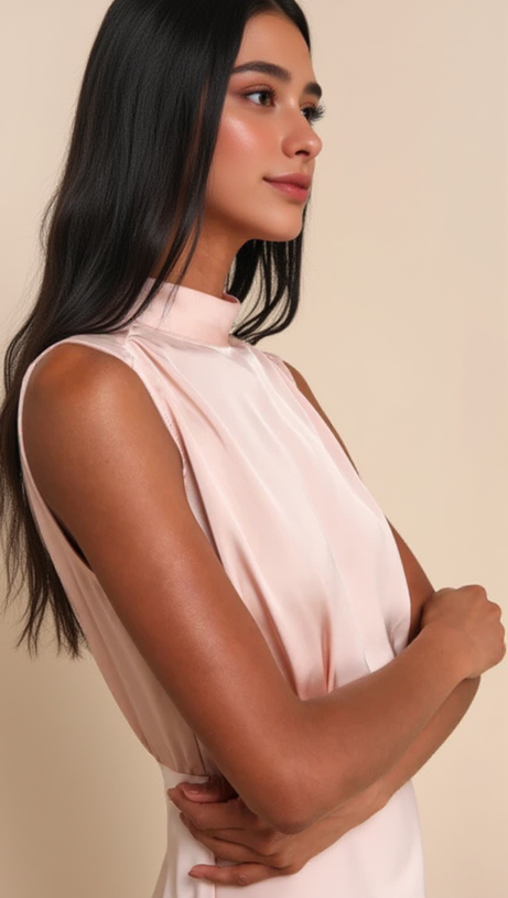 BLUSH SATIN SLEEVELESS MOCK NECK MAXI DRESS
