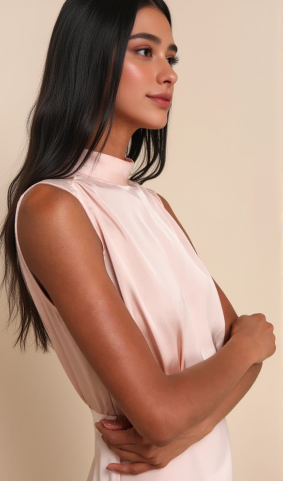 AIIZIE BLUSH SATIN SLEEVELESS MOCK NECK MAXI DRESS - product image