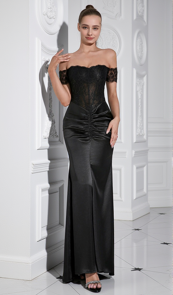 AIIZIE HELEN OFF-SHOULDER LACE RUCHED BODYCON BLACK MAXI DRESS - product image