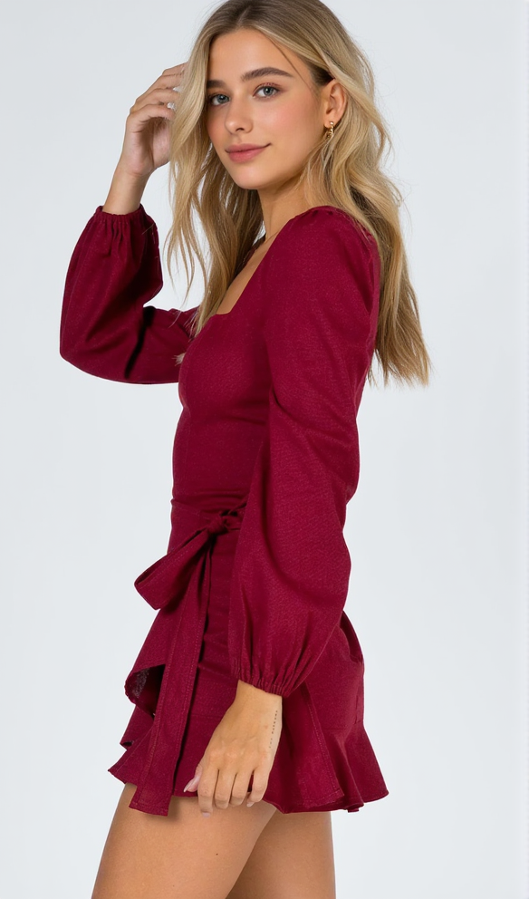 AIIZIE SQUARE NECKLINE MINI DRESS IN BURGUNDY - product image