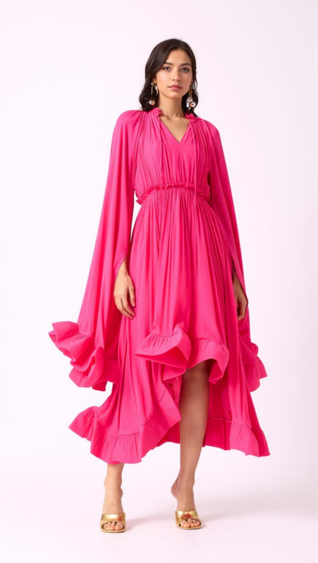 RUFFLE TRIM MAXI DRESS IN ROSE RED