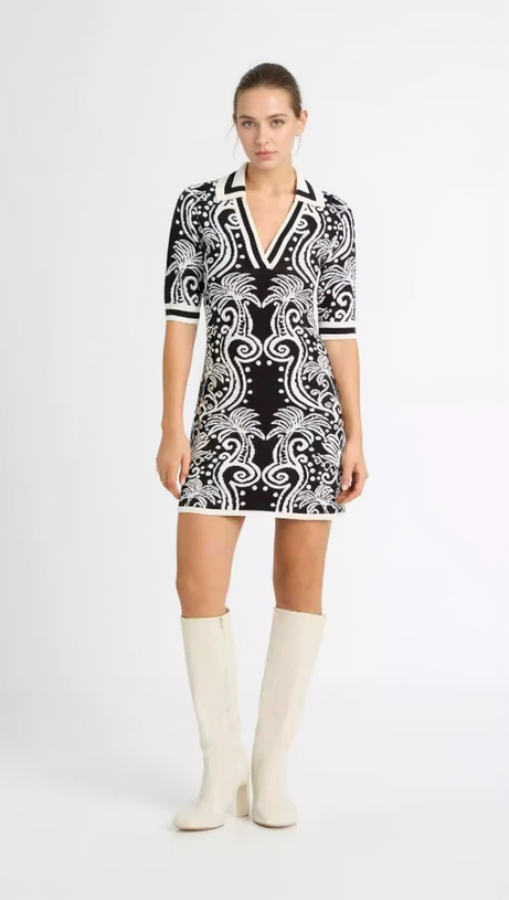 KNIT VINTAGE PATTERN MINI DRESS IN BLACK