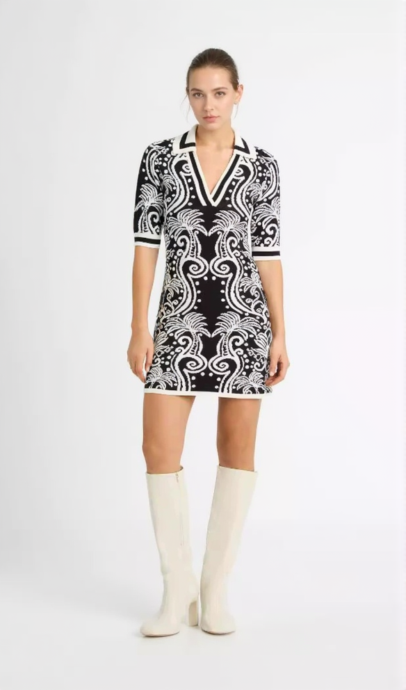 AIIZIE KNIT VINTAGE PATTERN MINI DRESS IN BLACK - product image
