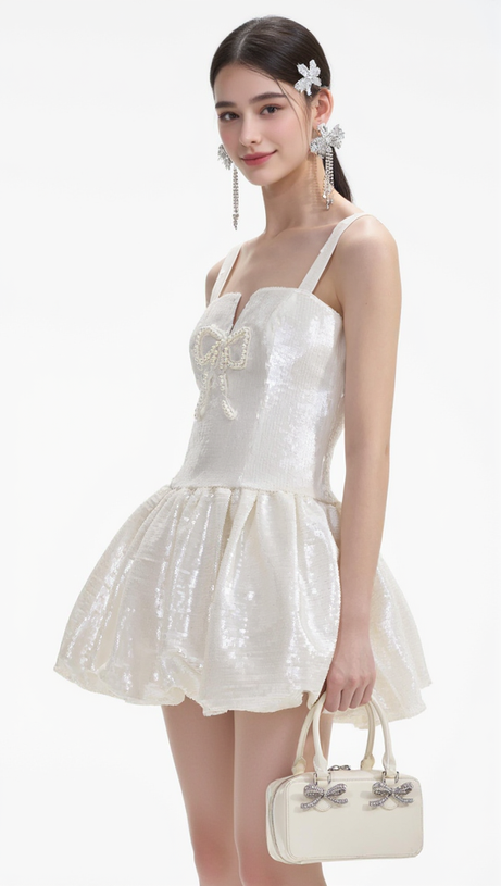 CREAM SEQUIN BOW MINI DRESS