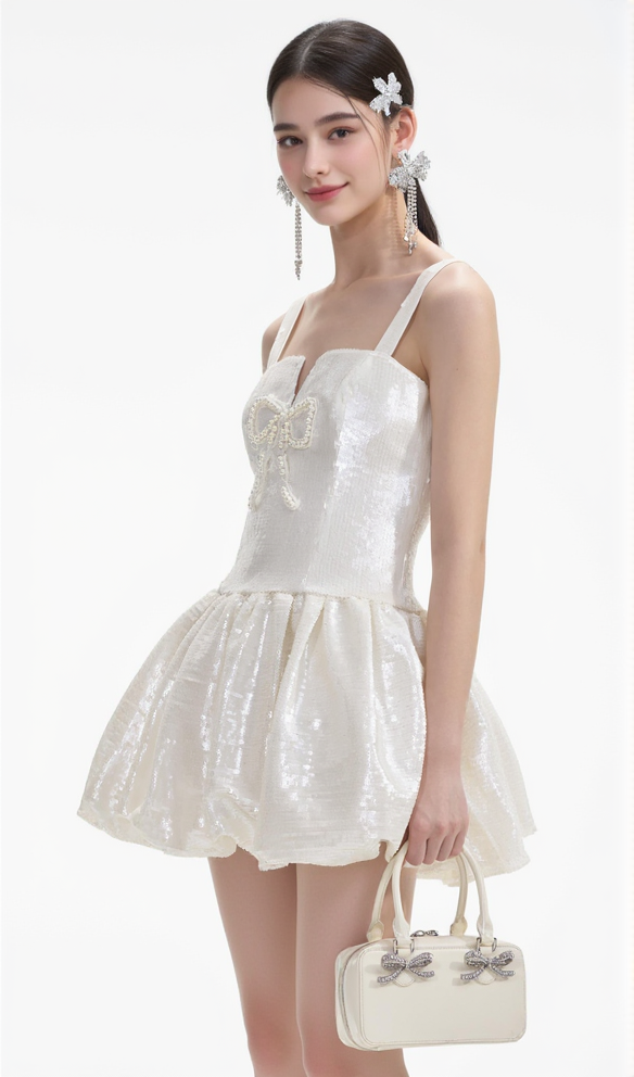 CREAM SEQUIN BOW MINI DRESS