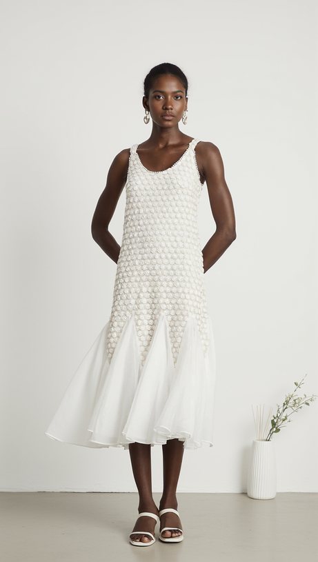 SYLVIA BEIGE STICKEREI ÄRMELLOSES MIDIKLEID