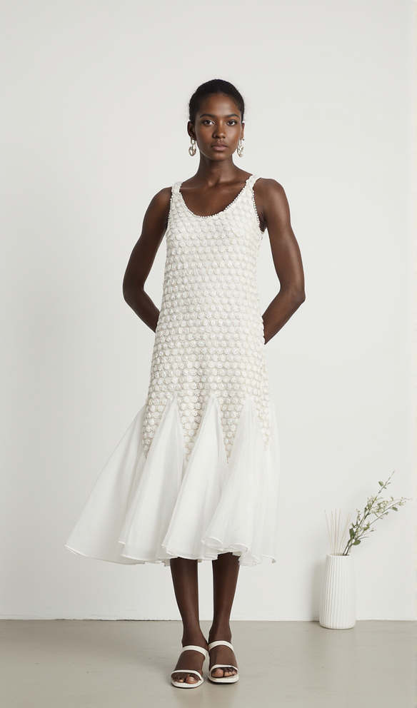 SYLVIA BEIGE STICKEREI ÄRMELLOSES MIDIKLEID