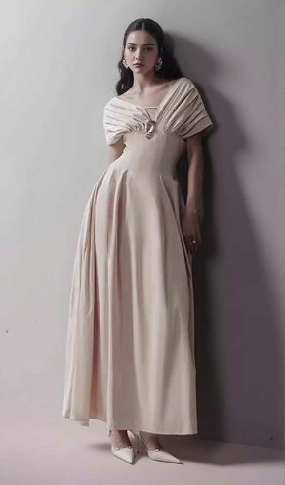 AIIZIE RUCHED SHOULDER MAXI DRESS IN APRICOT - product image