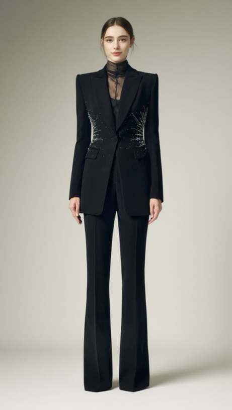 BLACK BEADED DIAMOND-ENCRUSTED BLAZER TROUSERS SET
