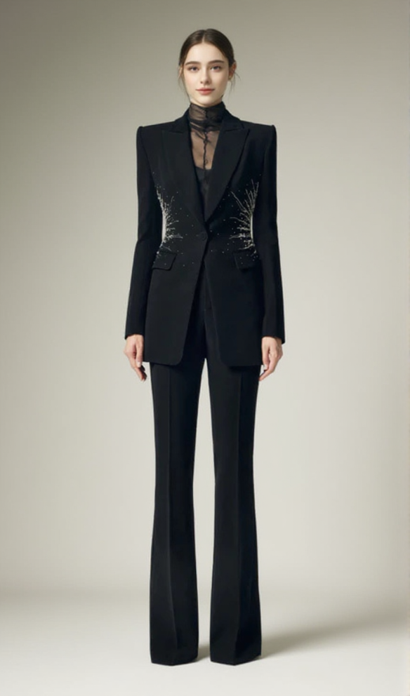 schwarzes Blazer-Hosen-Set mit Perlen und Diamanten