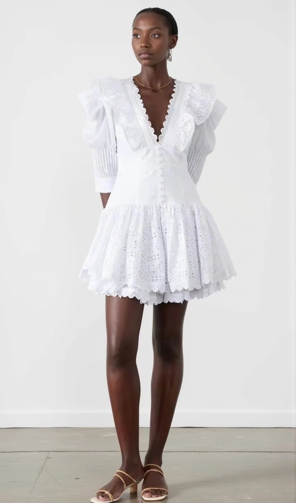 WHITE V-NECK EMBROIDERED RUFFLED MINI DRESS