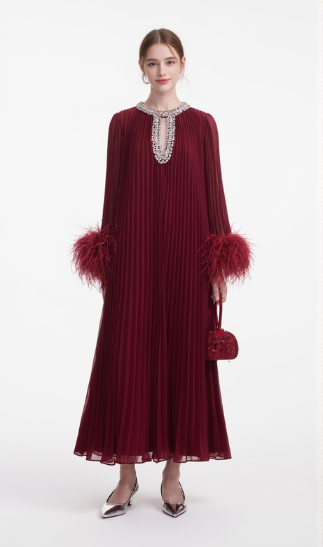 ABITO MIDI IN CHIFFON CON PIUME BORDEAUX