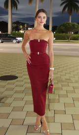 demi bow strapless midi dress in merlot