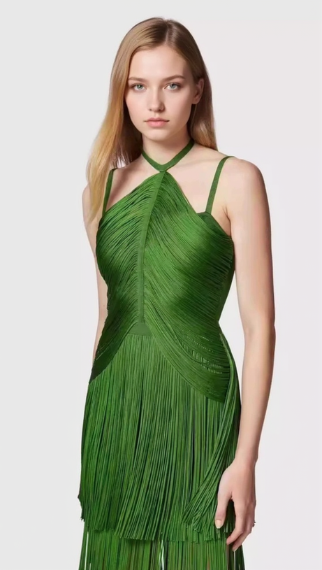 BRIANNA HALTER NECK FRINGE TASSEL DRESS IN GREEN