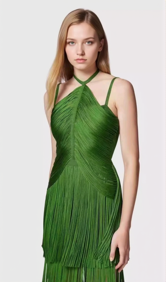 BRIANNA HALTER NECK FRINGE TASSEL DRESS IN GREEN