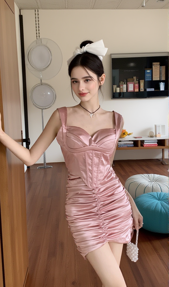 AIIZIE CUSI CORSET RUCHED MINI DRESS IN PINK - product image