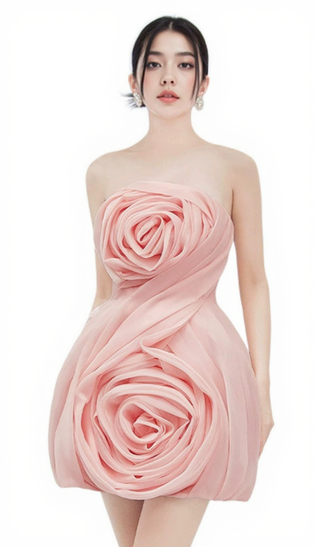 MINI ABITO SENZA SPALLINE CON FIORI 3D ROSA