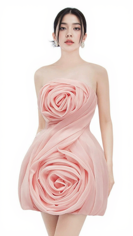 STRAPLESS 3D FLOWER MINI DRESS IN PINK