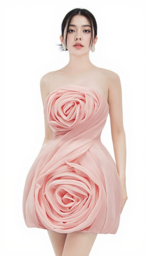 STRAPLESS 3D FLOWER MINI DRESS IN PINK