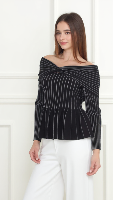 ESTHER STRICK-OFF-SHOULDER-TOP MIT GESTREIFTEN RÜSCHEN