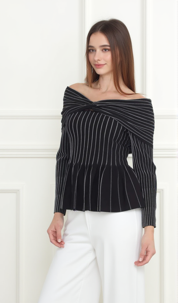 AIIZIE ESTHER KNIT STRIPE RUCHED OFF-SHOULDER TOP - product image