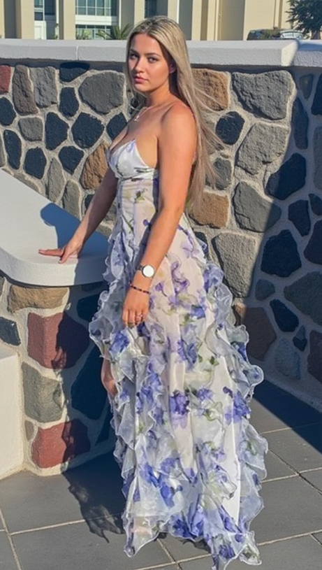 BELINDA BLUE FLORAL VERTICAL RUFFLE TRIM MAXI DRESS