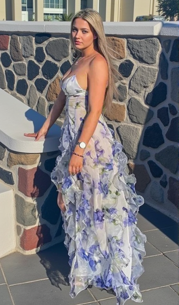 AIIZIE BELINDA BLUE FLORAL VERTICAL RUFFLE TRIM MAXI DRESS - product image