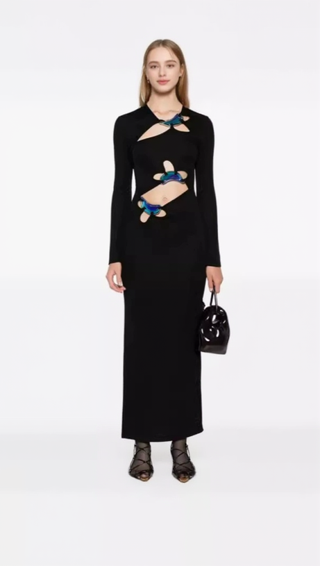 SALLY BLACK LONG SLEEVE CUT-OUT RIBBED MAXI DRESS