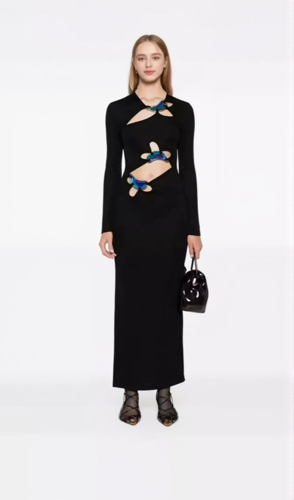 AIIZIE SALLY BLACK LONG SLEEVE CUT-OUT RIBBED MAXI DRESS - product image