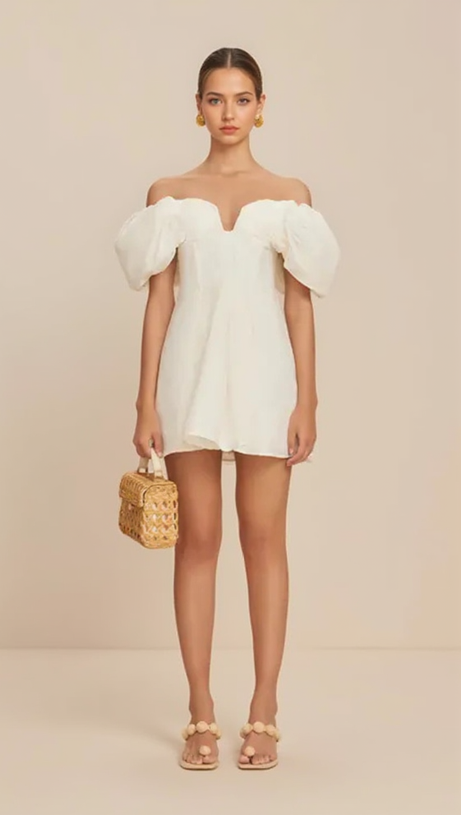 MINI ABITO IN SETA CON SPALLE SCOPERTE E VOLANT, BIANCO
