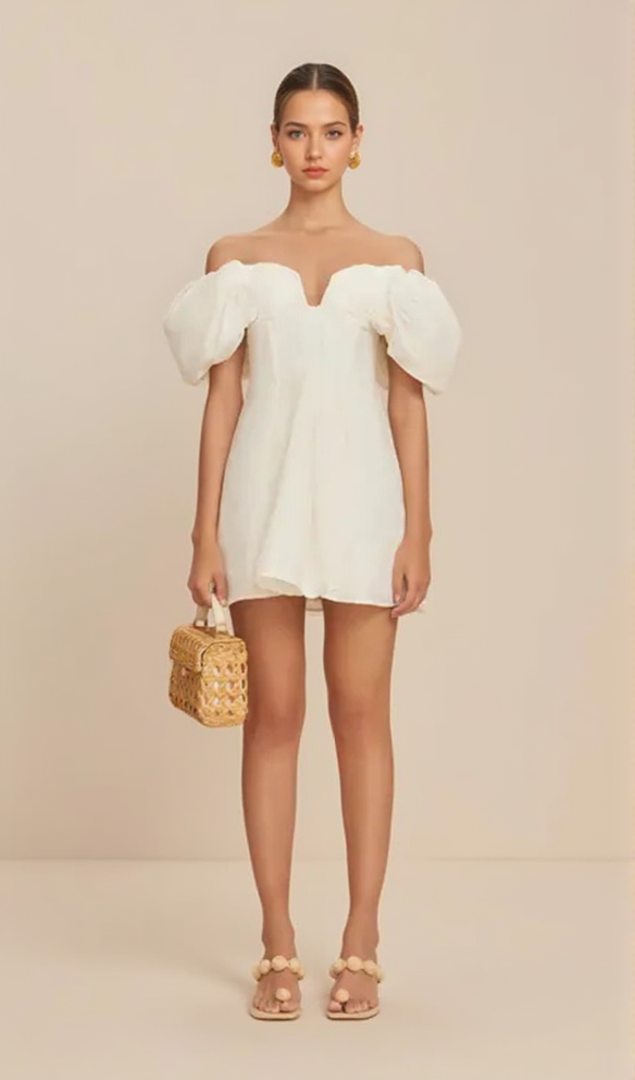 MINI ABITO IN SETA CON SPALLE SCOPERTE E VOLANT, BIANCO