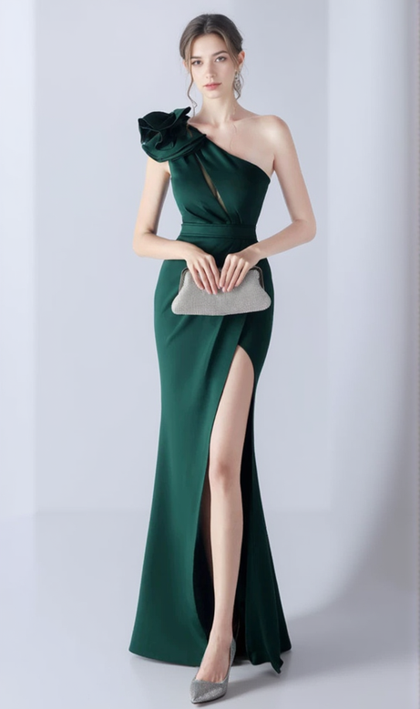 DEBBY GREEN MAXIKLEID MIT EINER SCHULTER, BLUMENAUSSCHNITT UND SCHLITZ