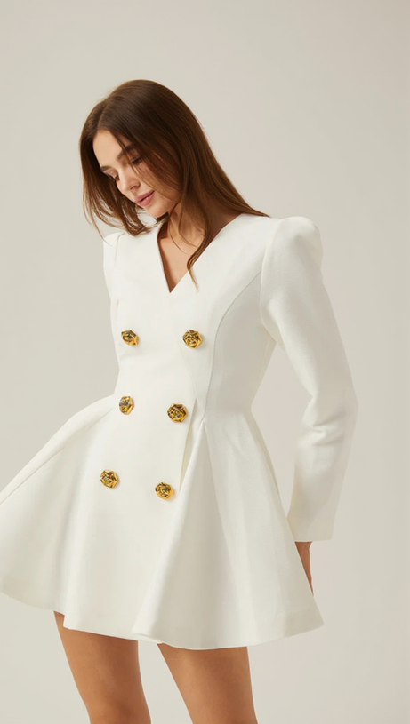 GOLD-BUTTON PLEATED PEPLUM-HEM WHITE  BLAZER DRESS