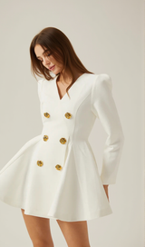 gold-button pleated peplum-hem white  blazer dress