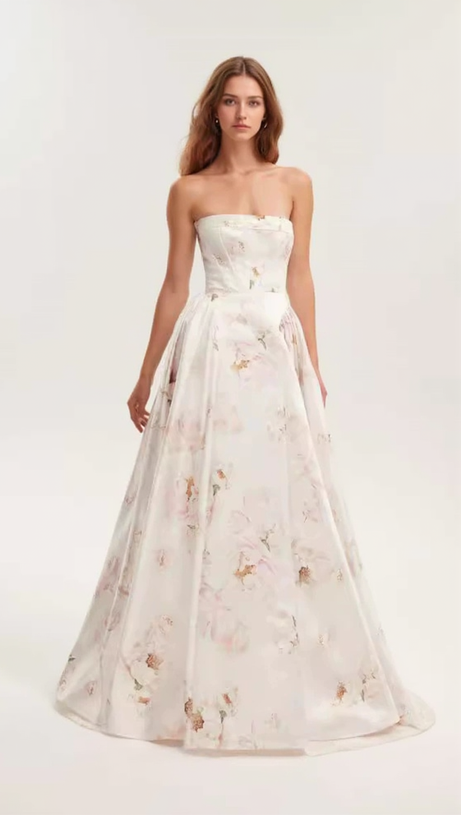 LETITIA PINK  PEONY STRAPLESS MAXI DRESS