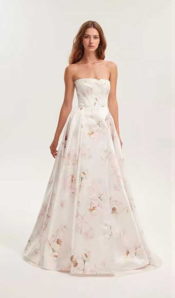 LETITIA PINK  PEONY STRAPLESS MAXI DRESS