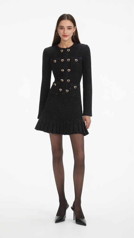 BLACK BUTTONED LONG SLEEVE KNIT MINI DRESS