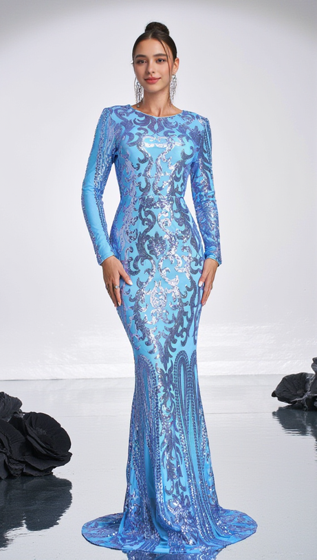 LONG SLEEVE SEQUIN MAXI DRESS IN BLUE