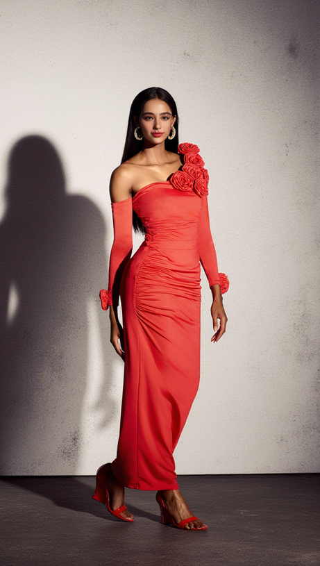 OFF-SHOULDER FLOWER EMBELLISHED GATHERED MAXI DRESS IN RED