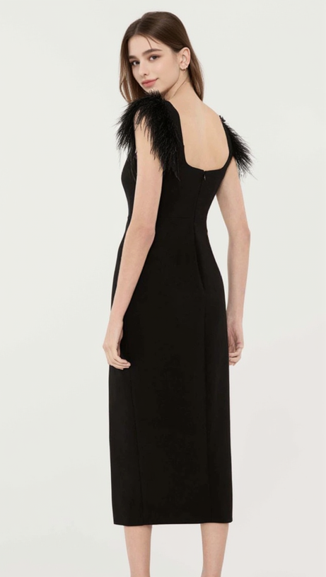 CARI BLACK BOW FEATHER BANDAGE MIDI DRESS