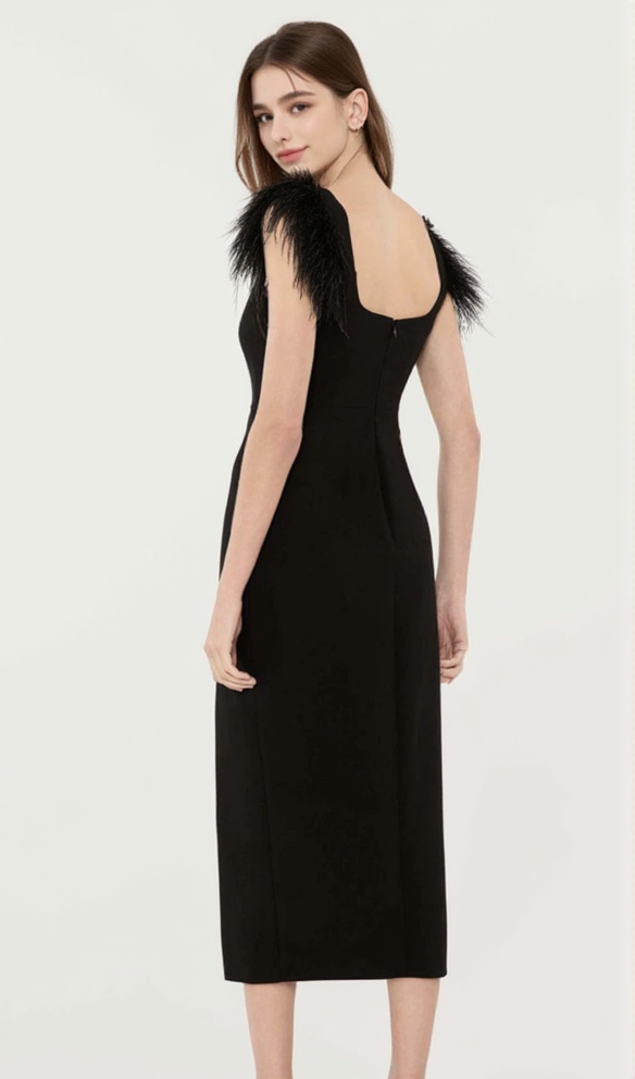 CARI BLACK BOW FEATHER BANDAGE MIDI DRESS