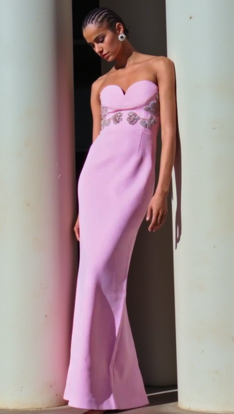 MEROY FLORAL EMBROIDERY STRAPLESS MAXI DRESS IN PINK