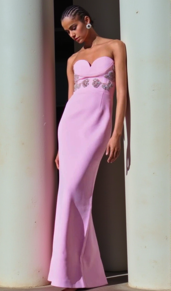 MEROY FLORAL EMBROIDERY STRAPLESS MAXI DRESS IN PINK