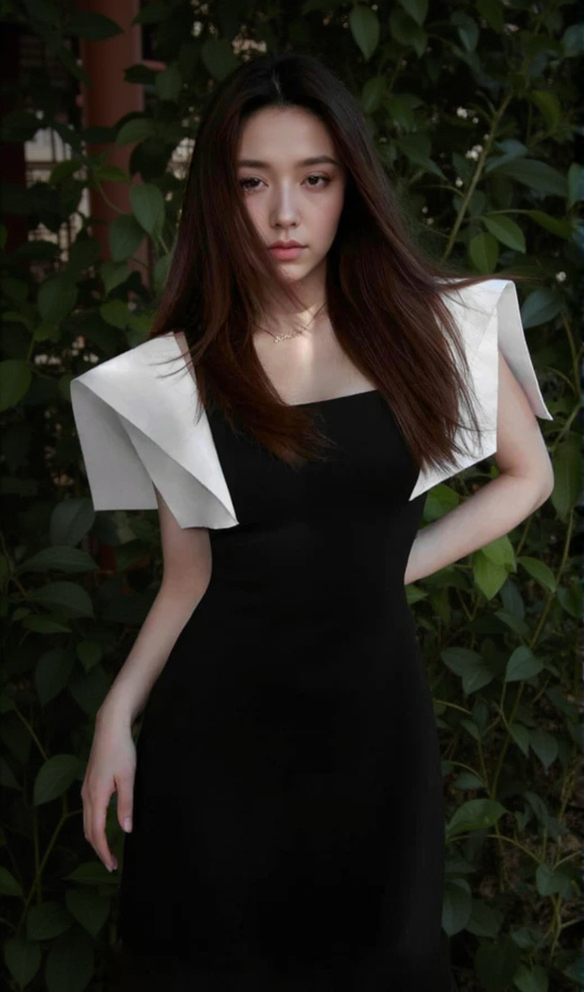 AIIZIE BARBARA BLACK SQUARE NECK MINI DRESS WITH WHITE SHOULDER - product image