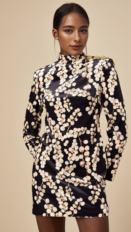 CHAHA REDCURRANT PRINT VELVET MINI DRESS