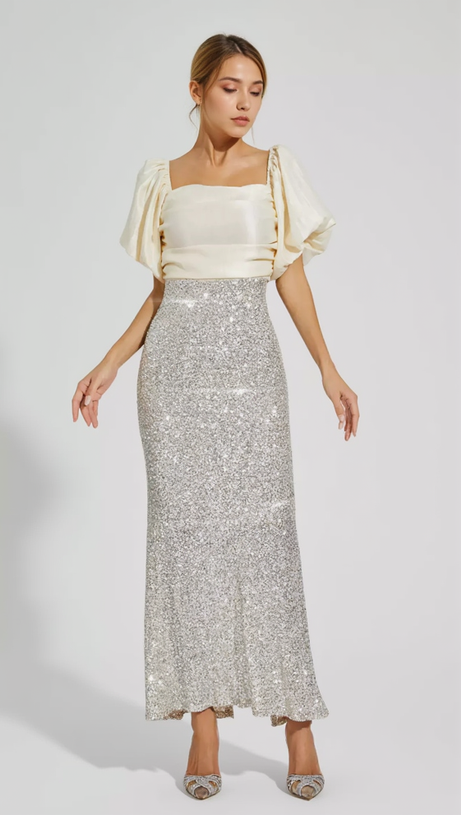 MARIA APRICOT BOW SEQUINS EMBELLISHED MAXI DRESS