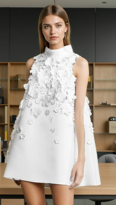 LYDIA FLOWER APPLIQUE MOCK NECK BOW TRIM MINI DRESS