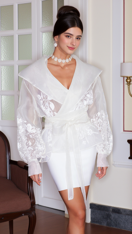 LANTERN SLEEVE EMBROIDERY SHIRT JACKET IN WHITE