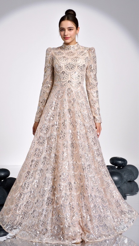 LONG SLEEVE LACE BACK SEQUIN MAXI DRESS IN GOLD